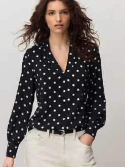 Blouses En Overhemden*Next - Blouse met V-hals en lange mouwen Zwart-wit met stippen