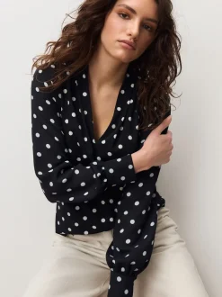 Blouses En Overhemden*Next - Blouse met V-hals en lange mouwen Zwart-wit met stippen