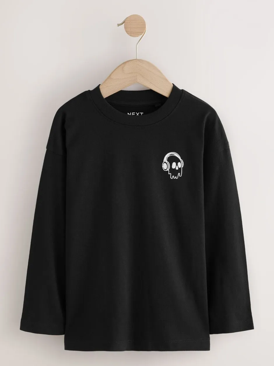 T-Shirts|Tops*Next - Long Sleeve Small Graphic T-Shirts 4 Pack (3-16yrs) Zwart/wit/grijs gemêleerd/kaki