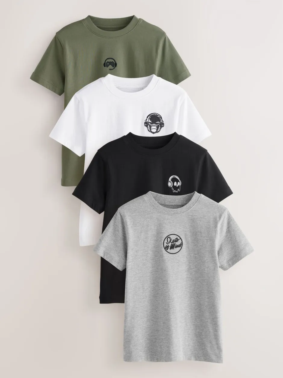 T-Shirts|Tops*Next - Verpakking van 4 T-shirts met kleine grafische print en korte mouwen (3 - 16 jr) Zwart/wit/grijs gemêleerd/kaki