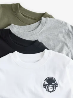 T-Shirts|Tops*Next - Verpakking van 4 T-shirts met kleine grafische print en korte mouwen (3 - 16 jr) Zwart/wit/grijs gemêleerd/kaki