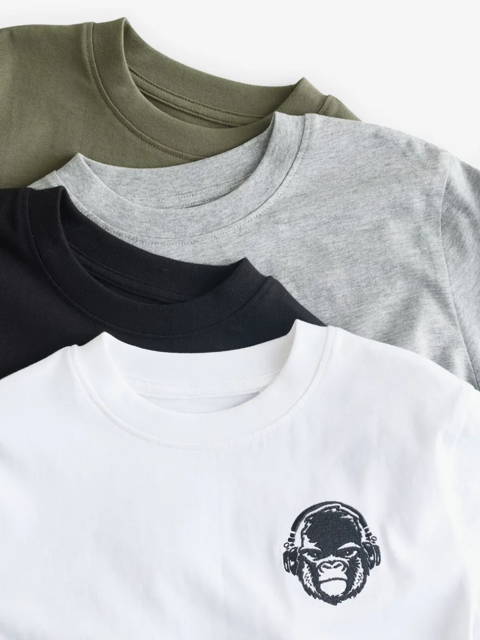 T-Shirts|Tops*Next - Verpakking van 4 T-shirts met kleine grafische print en korte mouwen (3 - 16 jr) Zwart/wit/grijs gemêleerd/kaki