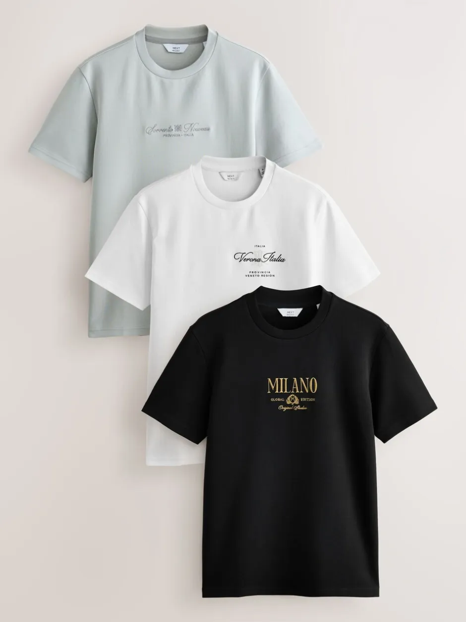 T-Shirts En Hemden*Next Zwart/wit/grijs met borduursel - Slim Fit - Set van 3 T-shirts met print