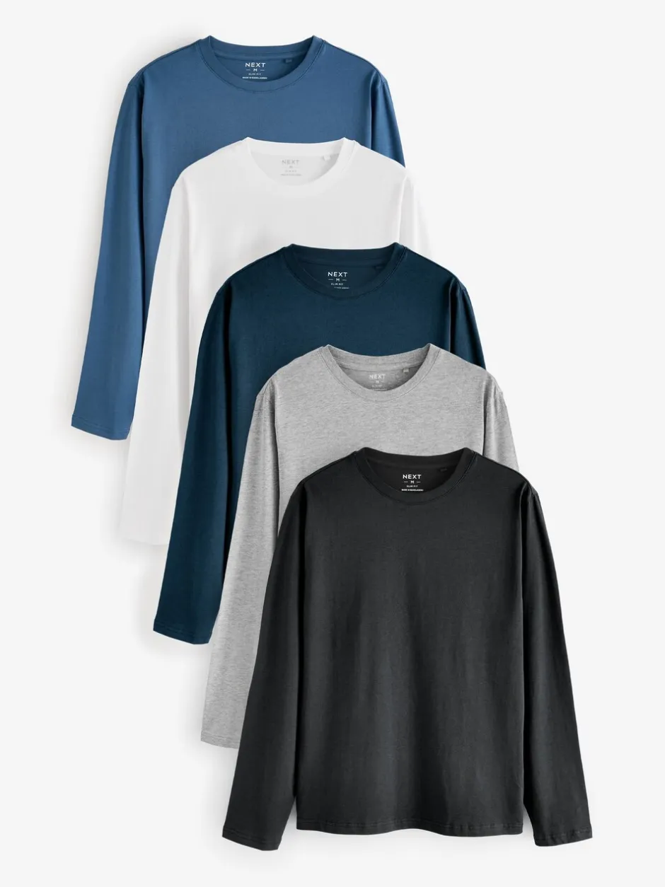 T-Shirts En Hemden|Next Zwart/Wit/Grijs/Blauw - Slim Fit - verpakking van 5 regular-fit T-shirts met lange mouwen van 100% katoen