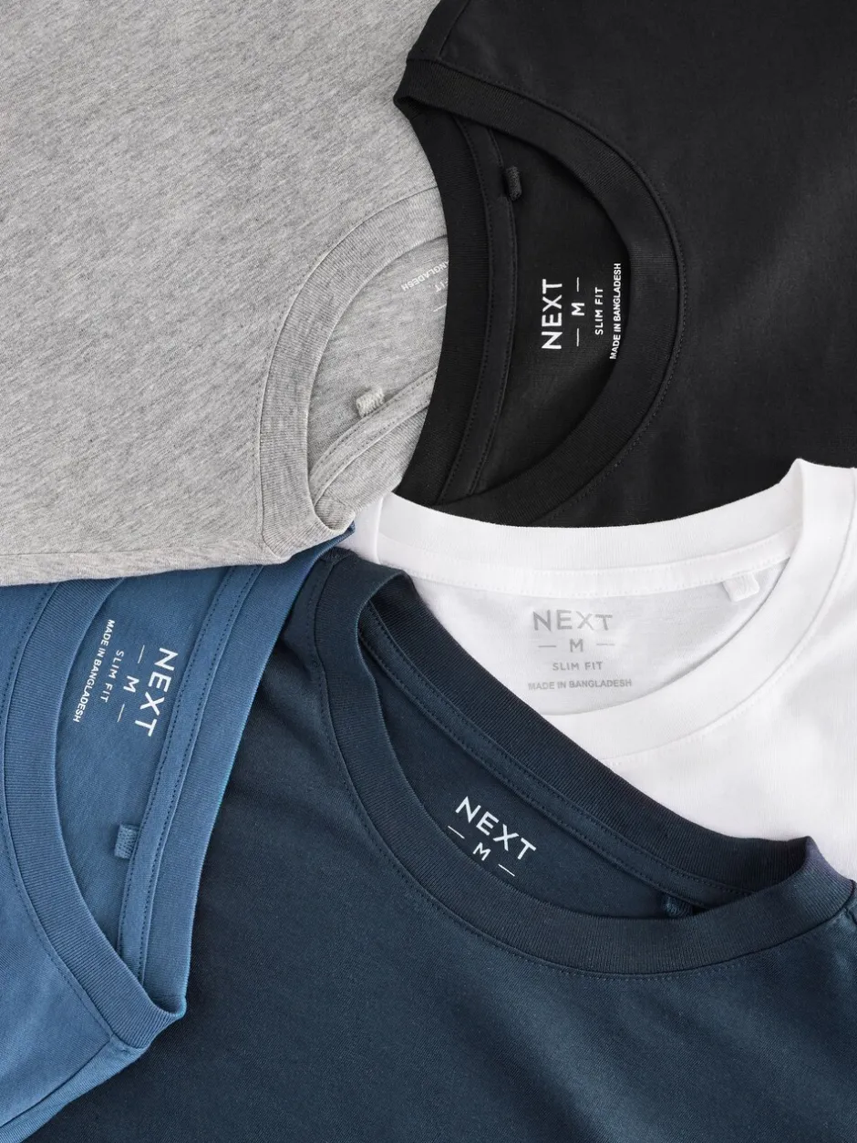 T-Shirts En Hemden|Next Zwart/Wit/Grijs/Blauw - Slim Fit - verpakking van 5 regular-fit T-shirts met lange mouwen van 100% katoen