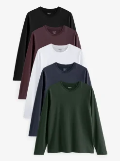 T-Shirts En Hemden*Next - Normale Pasvorm - verpakking van 5 regular-fit T-shirts met lange mouwen van 100% katoen Zwart/wit/marineblauw/groen/bordeauxrood
