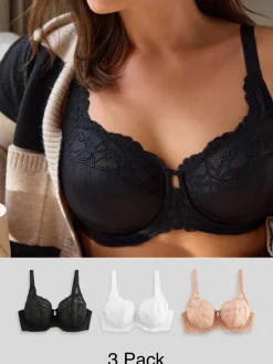 Beha's*Next - DD+ Beha's met volledige cups zonder vulling, set van 3 met kantversiering Zwart/wit/praline huidskleur